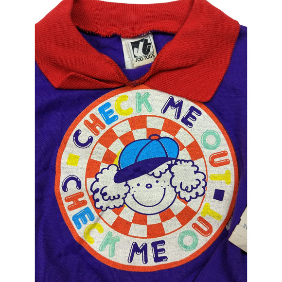 Vintage 80s Kids Unisex Check Me Out Sweatshirt Sweater Jog Togs Sz 2T Purple - Picture 2 of 4